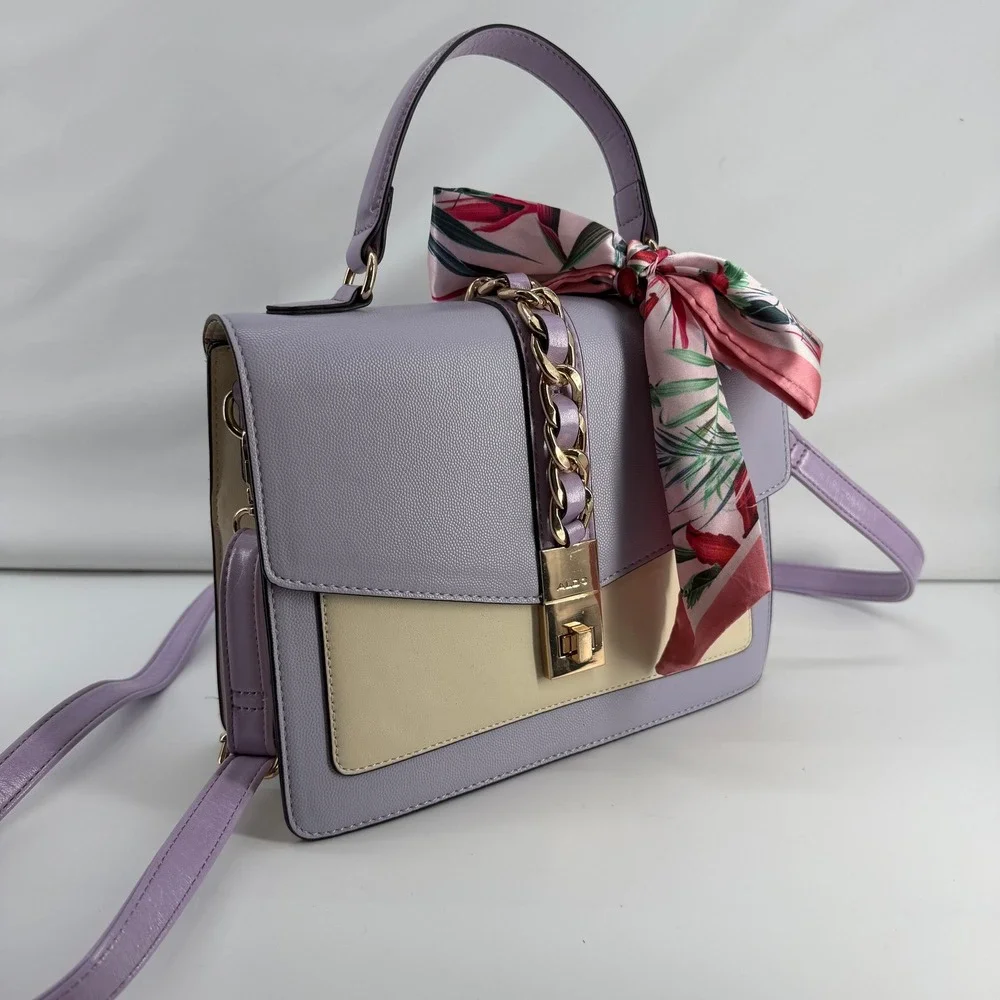 Aldo Lavender Cream Colorblock Satchel Crossbody Bag with Floral Scarf Detail